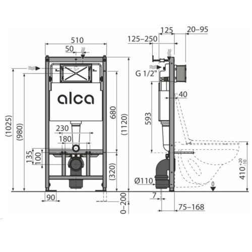 Stelaż wc podtynkowy Alcaplast AM101/1120 z modułem na kostki rysunek techniczny
