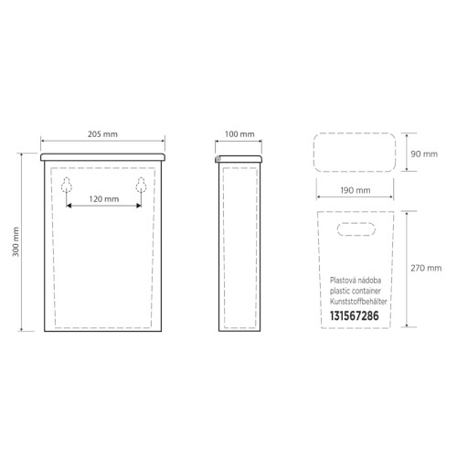 Rysunek techniczny kosza Bemeta 101915050 – wymiary 205x300x100 mm