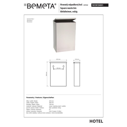 Bemeta Kosz na śmieci 6L - wiszący połysk 101915051