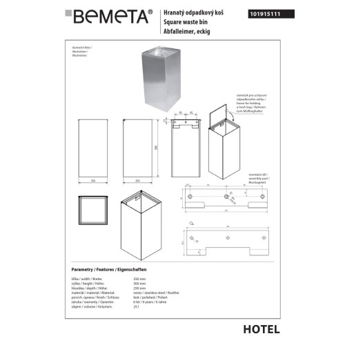 Bemeta Kwadratowy kosz na śmieci 25L - wiszący połysk 101915111