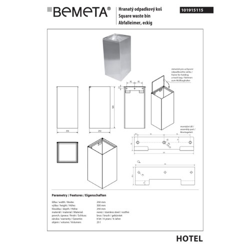 Bemeta Kosz kwadratowy 25L - wiszący matowy 101915115
