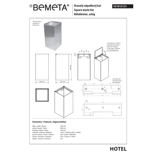 Bemeta Kosz na śmieci kwadratowy 45L - wiszący połysk 101915121