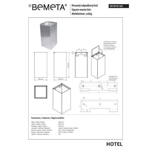 Bemeta Kosz na śmieci kwadratowy 45L - wiszący matowy 101915125