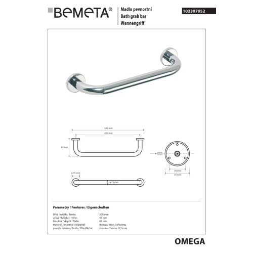 Bemeta OMEGA Poręcz prosta 450 mm 102307052