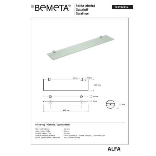 Bemeta ALFA Półka szklana 102402242