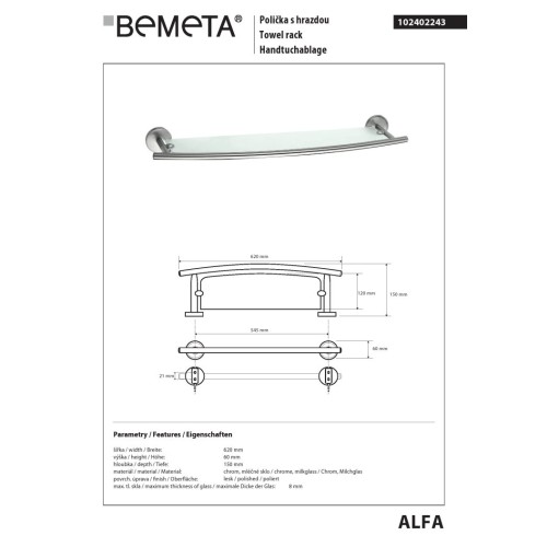 Bemeta ALFA Półka szklana z relingiem 102402243