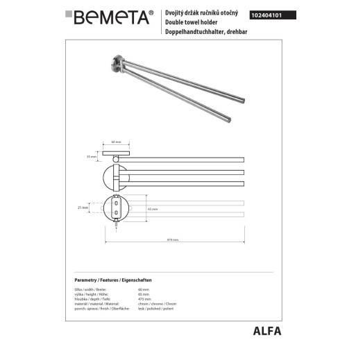 Bemeta ALFA Podwójny obrotowy wieszak na ręczniki 102404101