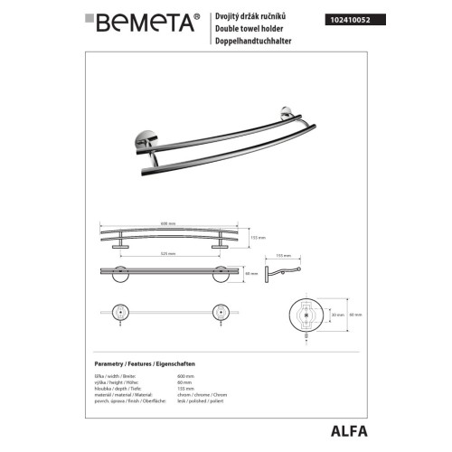Bemeta ALFA podwójny wieszak na ręczniki 102410052