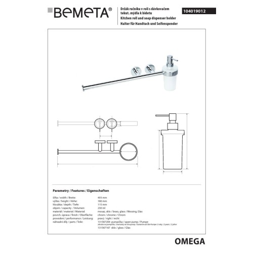 Bemeta OMEGA wieszak na ręcznik i dozownik do mydła 230 ml 104019012