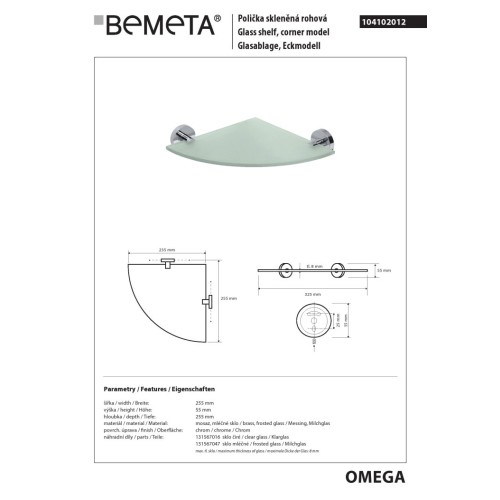 Bemeta OMEGA Półka szklana narożna 104102012