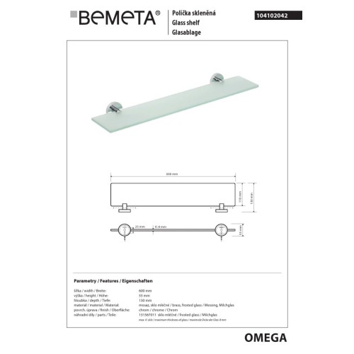 Bemeta OMEGA Półka szklana 600 mm 104102042