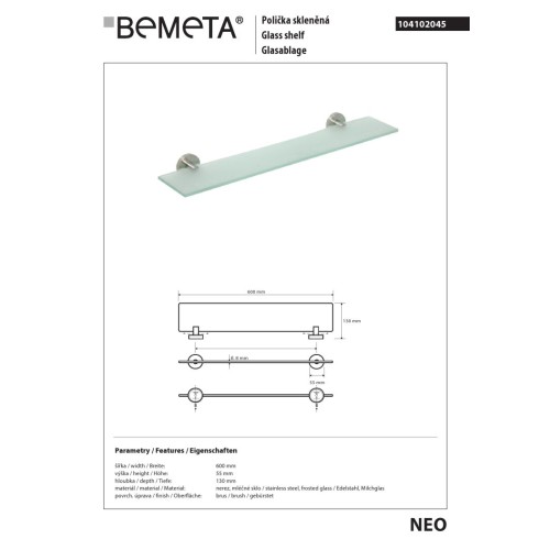 Bemeta NEO Półka szklana 600 mm 104102045 stal nierdzewna