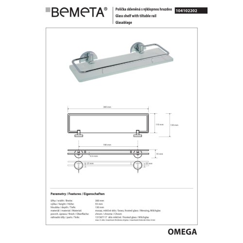 Bemeta OMEGA Półka szklana z uchylnym relingiem 300 mm 104102202