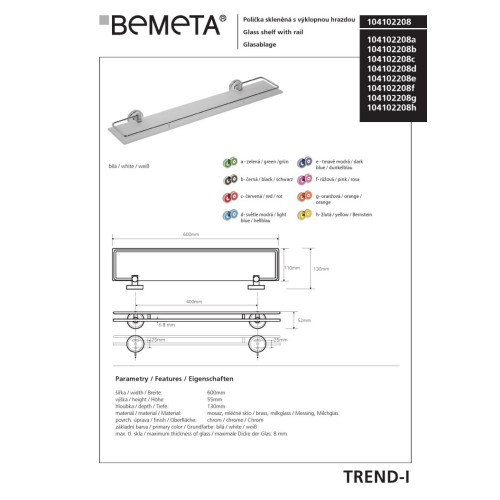 Bemeta TREND-I Półka szklana ze składanym relingiem różowa 104102208f