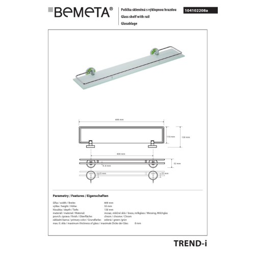 Bemeta TREND-I Półka szklana ze składanym relingiem zielona 104102208a