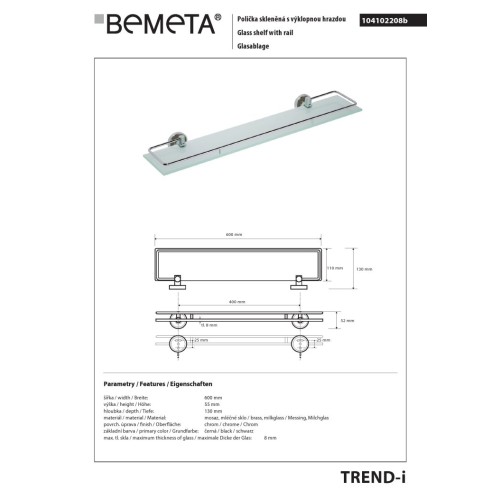 Bemeta TREND-I Półka szklana ze składanym relingiem czarna 104102208b