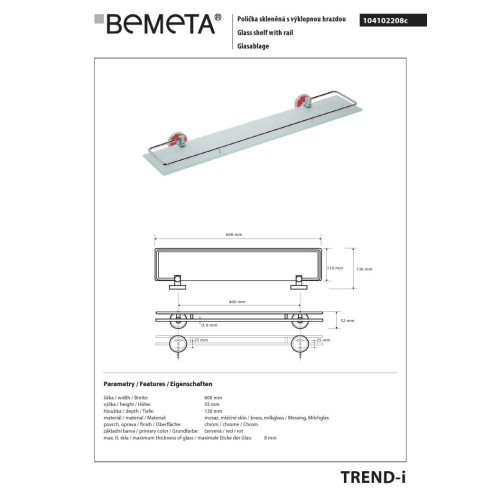 Bemeta TREND-I Półka szklana ze składanym relingiem czerwona 104102208c
