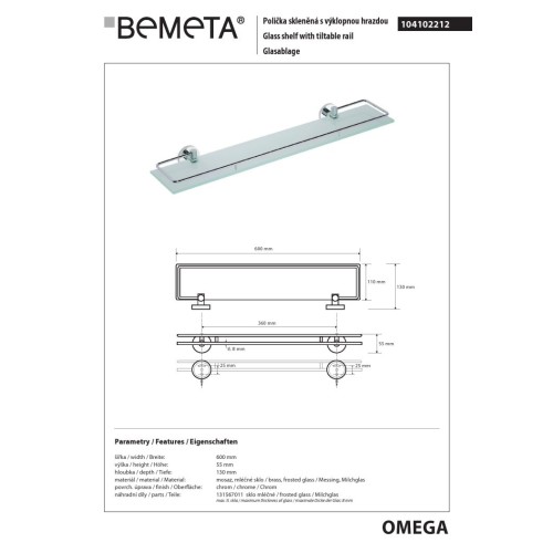 Bemeta OMEGA Półka szklana z uchylnym relingiem 600 mm 104102212