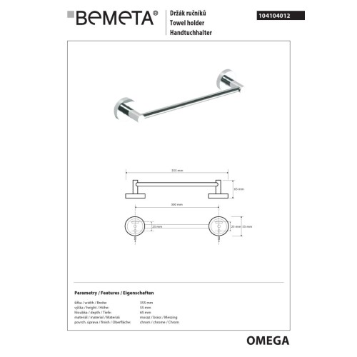 Bemeta OMEGA wieszak na ręczniki 300 mm 104104012