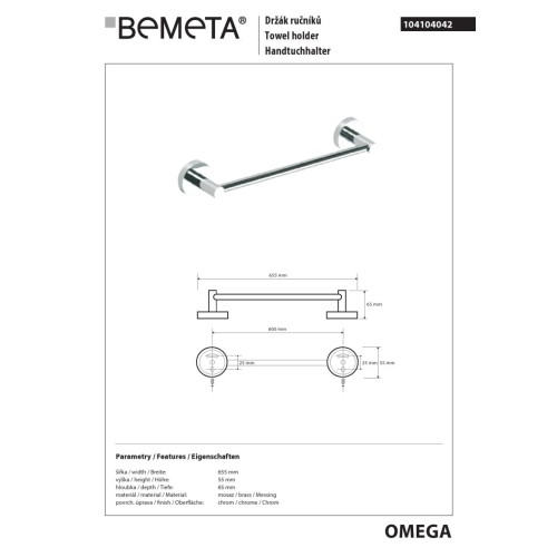 Bemeta OMEGA wieszak na ręczniki 600 mm 104104042