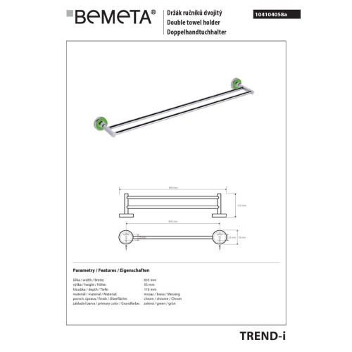 Bemeta TREND-I Podwójny wieszak na ręczniki zielony 104104058a