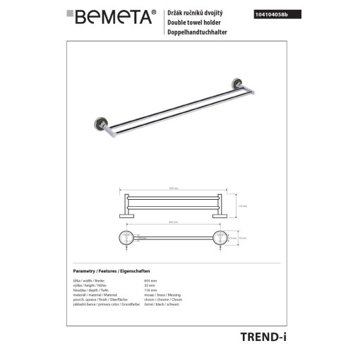 Bemeta TREND-I Podwójny wieszak na ręczniki czarny 104104058b