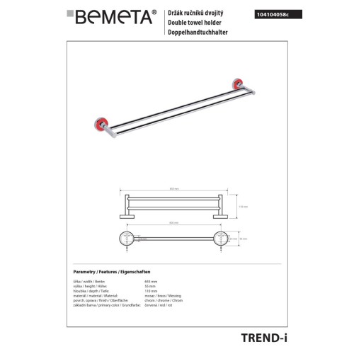 Bemeta TREND-I podwójny wieszak na ręcznik czerwony 104104058c