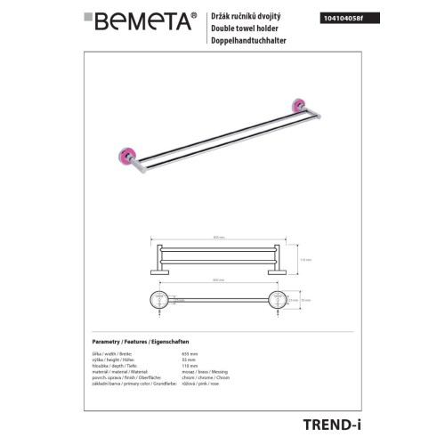 Bemeta TREND-I Podwójny wieszak na ręczniki różowy 104104058f