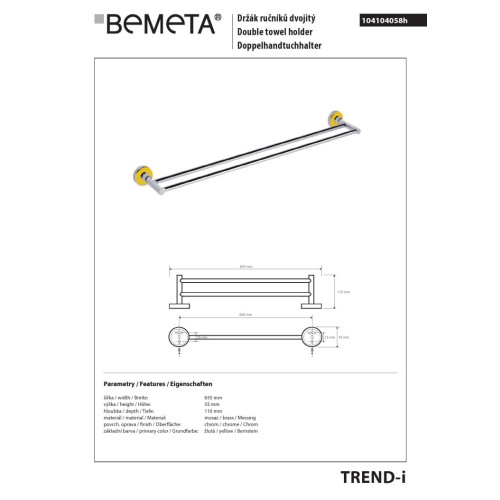 Bemeta TREND-I Podwójny wieszak na ręczniki żółty 104104058h
