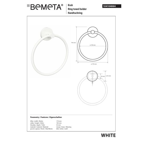 Bemeta WHITE Biały ring wieszak na ręcznik 104104064