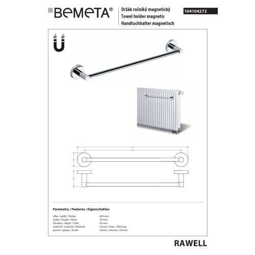 Bemeta RAWELL Wieszak na ręcznik magnetyczny 376 mm chrom 104104272