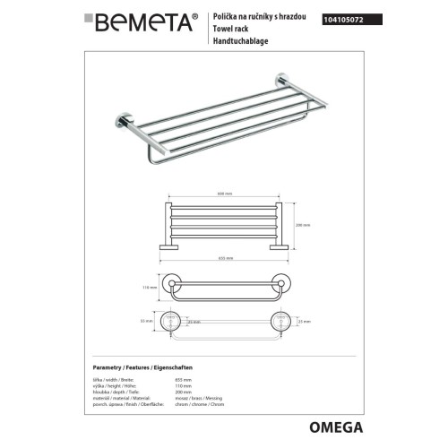 Bemeta OMEGA półka na ręcznik z relingiem 600 mm 104105072