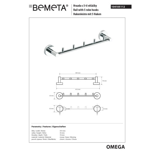 Bemeta OMEGA Wieszak 5-hakowy 104105112
