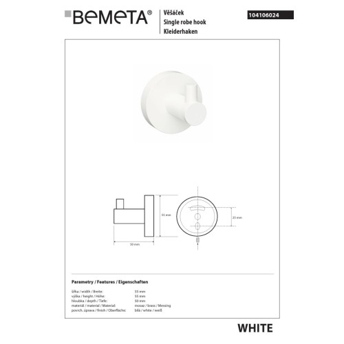 Bemeta WHITE - Wieszak pojedynczy biały 104106024