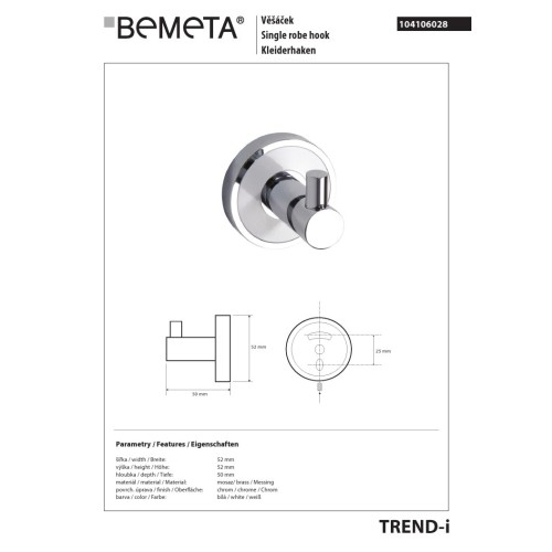 Bemeta TREND-I Wieszak pojedynczy 104106028