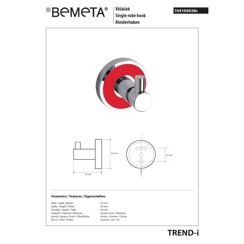 Bemeta TREND-I Wieszak pojedynczy czerwony 104106028c