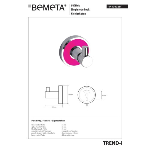Bemeta TREND-I Wieszak pojedynczy różowy 104106028f