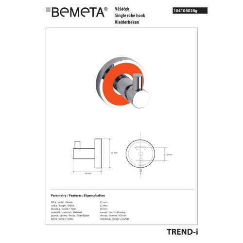 Bemeta TREND-I Wieszak pojedynczy pomarańczowy 104106028g