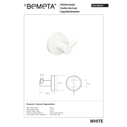 Bemeta WHITE - Wieszak podwójny biały 104106034