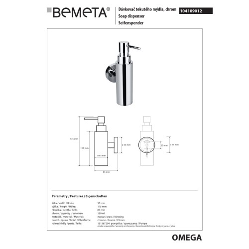 Bemeta OMEGA Dozownik mydła 150 ml 104109012