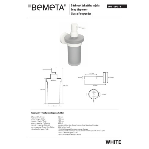 Bemeta WHITE Dozownik mydła 230 ml 104109014