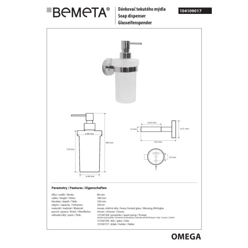 Bemeta OMEGA Dozownik mydła 230 ml 104109017