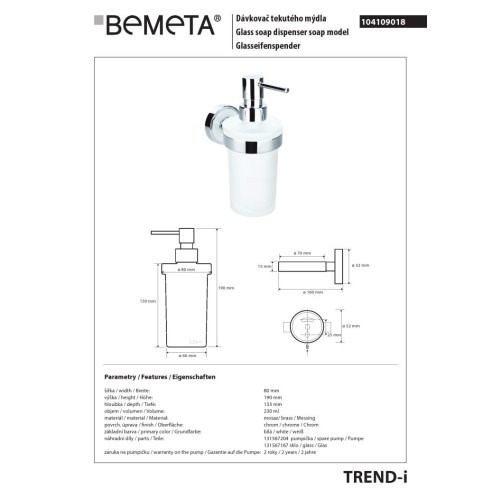 Bemeta TREND-I Dozownik mydła 230 ml biały 104109018