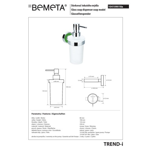 Bemeta TREND-I Dozownik mydła 230 ml zielony 104109018a