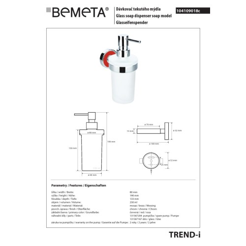 Bemeta TREND-I Dozownik mydła 230 ml czerwony 104109018c