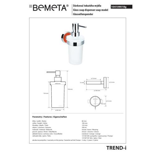 Bemeta TREND-I Dozownik mydła 230 ml pomarańczowy 104109018g
