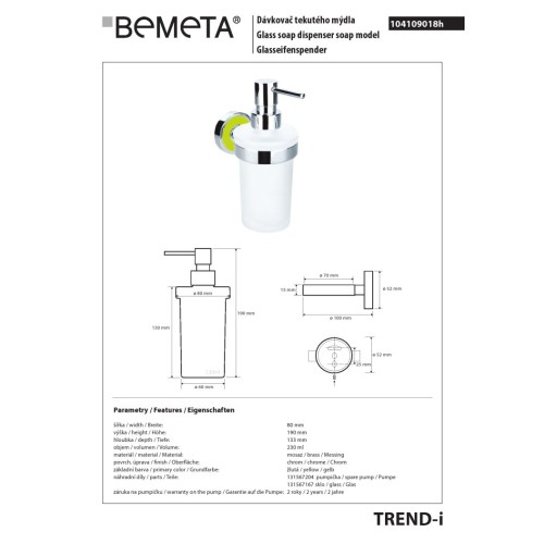 Bemeta TREND-I Dozownik mydła 230 ml żółty 104109018h