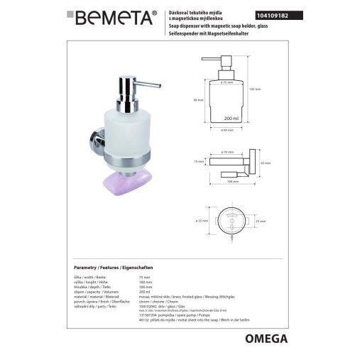 Bemeta OMEGA Dozownik mydła 200 ml z magnetyczną mydelniczką 104109182