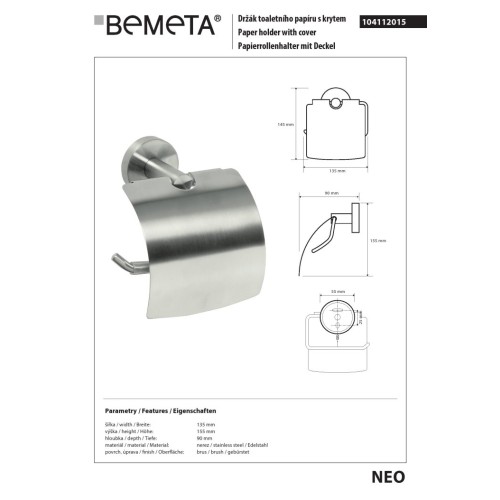 Bemeta NEO uchwyt na papier toaletowy z klapką 104112015 stal nierdzewna