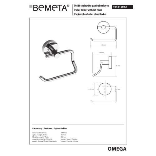 Bemeta OMEGA Uchwyt na papier toaletowy lewy 104112042